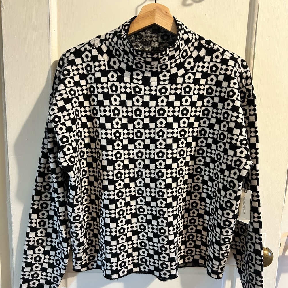 Maeve Black and White Geometric Pattern Sweater